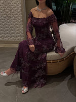 Purple Off the Shoulder Long Sleeve Sparkle Mermaid Evening Dress