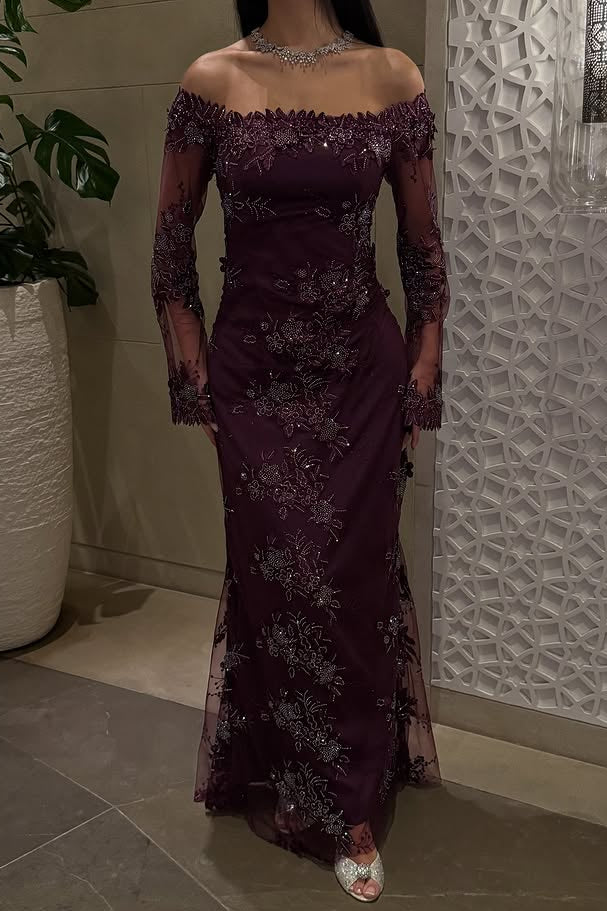Purple Off the Shoulder Long Sleeve Sparkle Mermaid Evening Dress