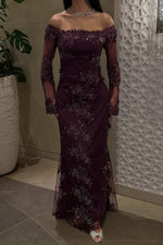 Purple Off the Shoulder Long Sleeve Sparkle Mermaid Evening Dress