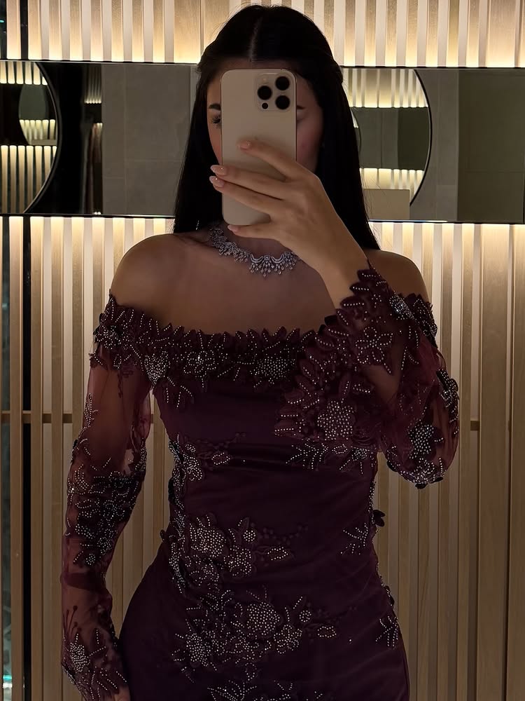 Purple Off the Shoulder Long Sleeve Sparkle Mermaid Evening Dress