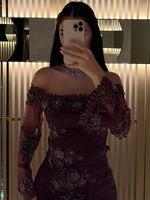 Purple Off the Shoulder Long Sleeve Sparkle Mermaid Evening Dress