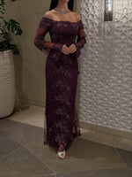 Purple Off the Shoulder Long Sleeve Sparkle Mermaid Evening Dress