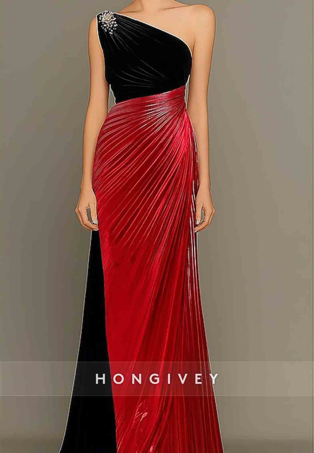 One Shoulder Black Gold Evening Gown Trumpet Satin Mother Of the Bride Dress with Rhinestone Pleats