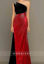 One Shoulder Black Gold Evening Gown Trumpet Satin Mother Of the Bride Dress with Rhinestone Pleats