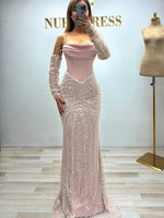 Spaghetti Straps Detachable Lace Sequins Long Sleeve Mermaid Evening Dress