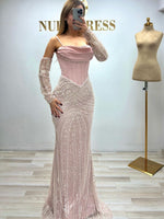 Spaghetti Straps Detachable Lace Sequins Long Sleeve Mermaid Evening Dress