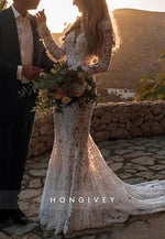 Boho Long Sleeves Court Train Lace Low Back Mermaid Wedding Dresses
