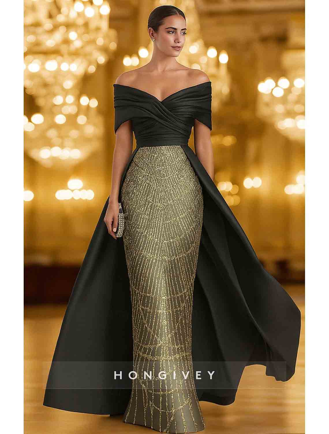 Off the Shoulder Mermaid Court Train Beading Evening Dress