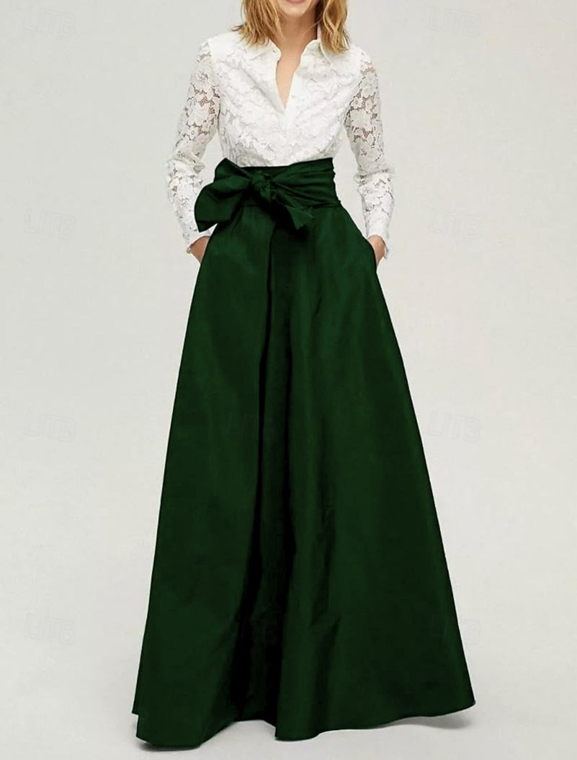 Long Sleeve Bow A-Line Floor-Length Formal Evening Dress