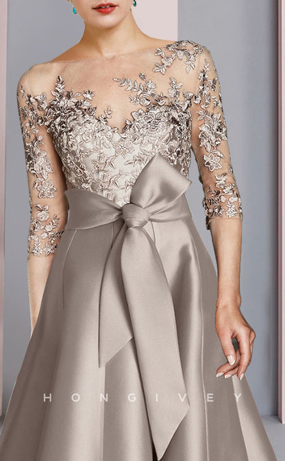 HM205 - Scoop A-Line Lace Applique Belt Mother of the Bride Dress