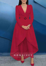 Two Piece Pantsuit V Neck Long Sleeve Satin Tuxedo Evening Gown with Waistband