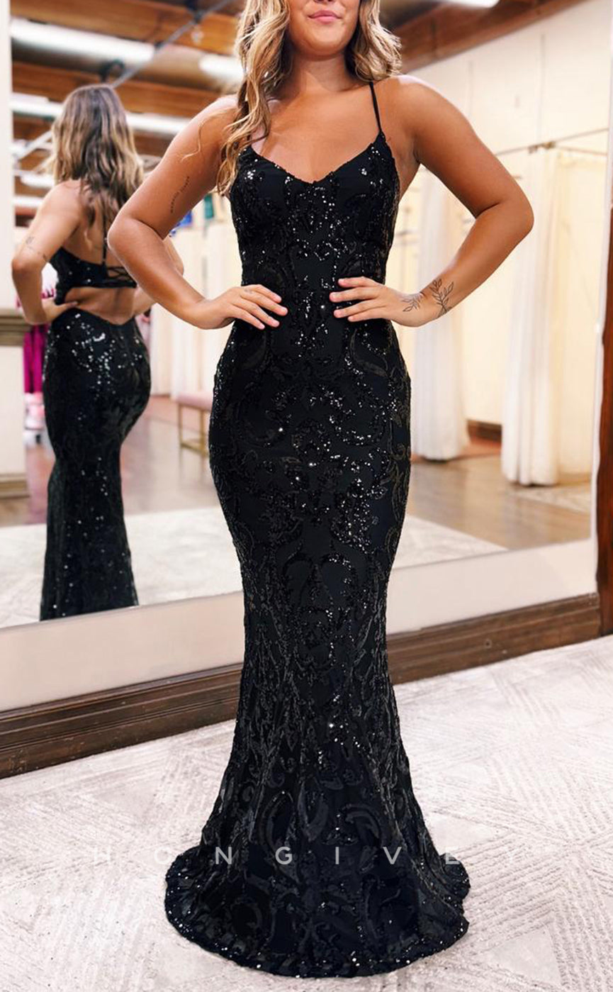 L2712 - V-Neck Spaghetti Straps Sleeveless Sparkly Sequined Party Prom Evening Dress