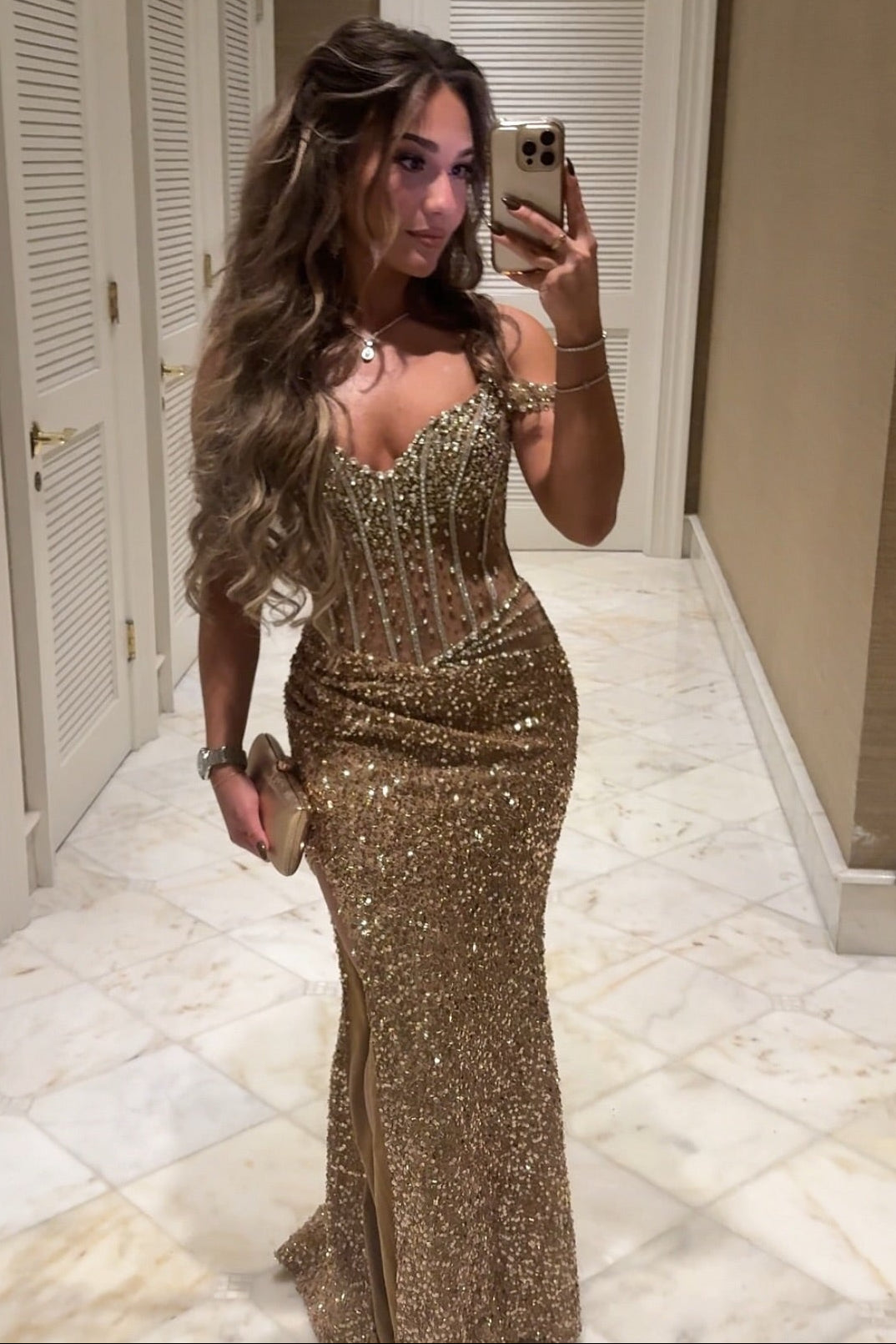 Beaded Sparkle Off the Shoulder Sleeveless Sequins Mermaid Side Slit Prom Dress