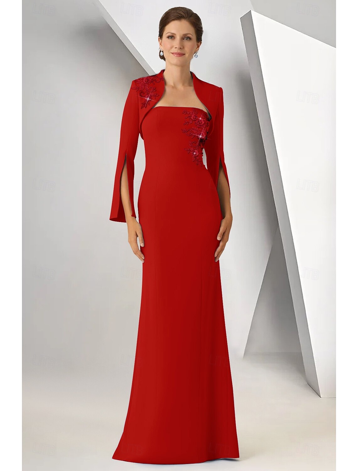 Applique Cape Sleeve Mermaid Evening Down Mother of the Bride Dress