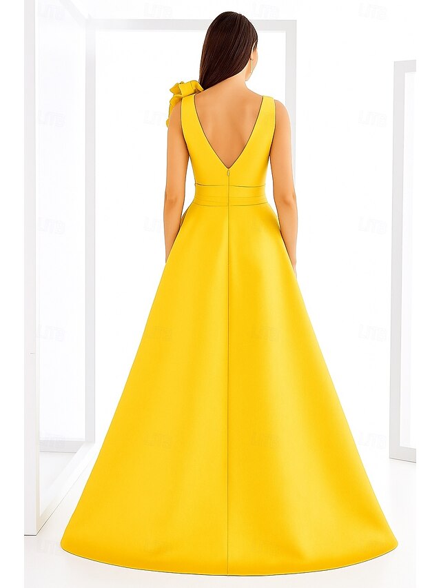 V Back Ruched Floor-Length A-Line V-Neck Sleeveless Evening Gowns