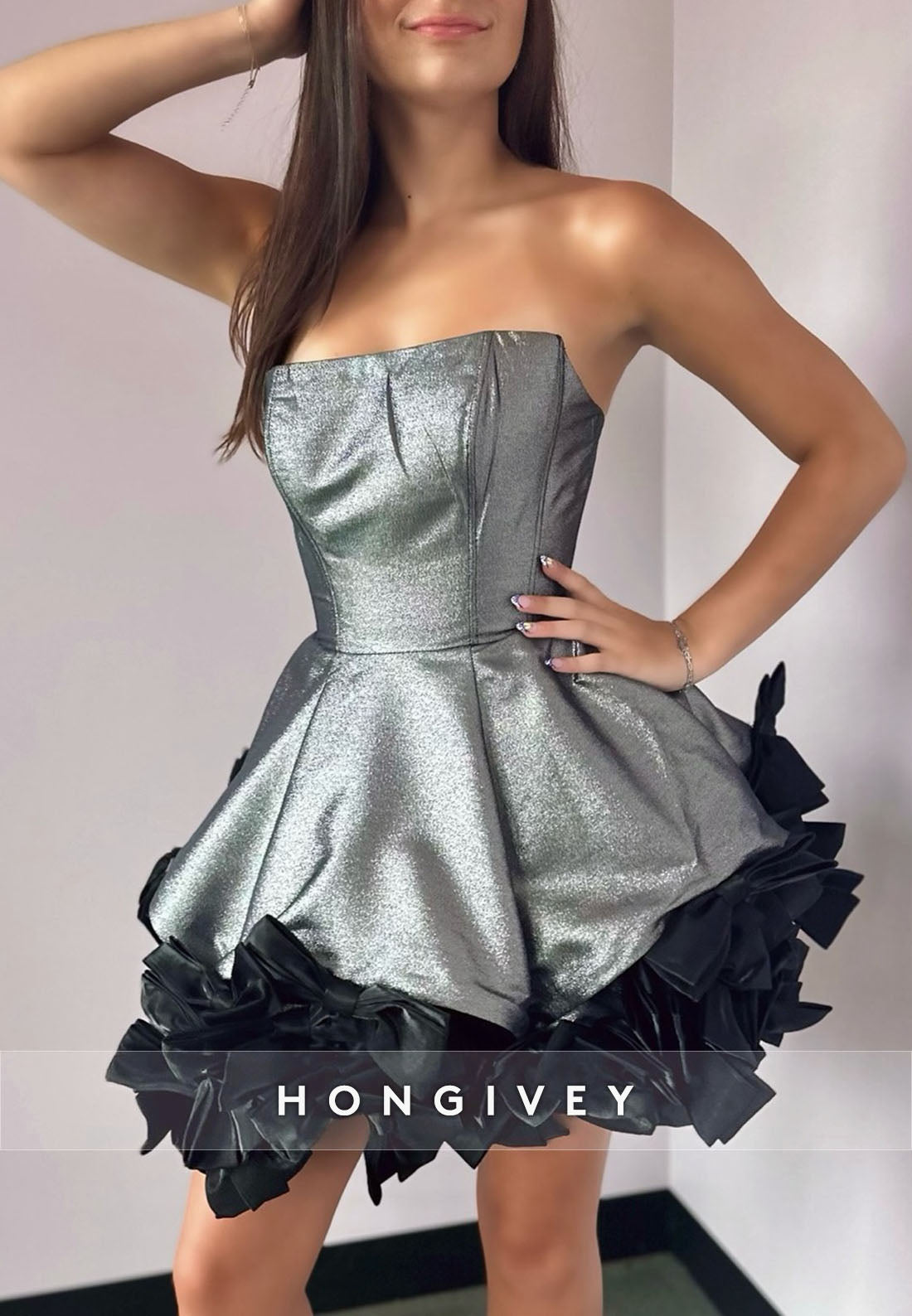 Strapless Metallic Princess Short Empire Homecoming Dress with Bowknots