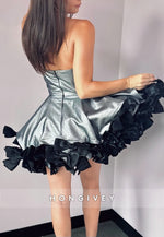 Strapless Metallic Princess Short Empire Homecoming Dress with Bowknots
