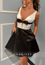 A-Line Regular Straps Satin Sleeveless Short Homecoming Dress with Bowknot