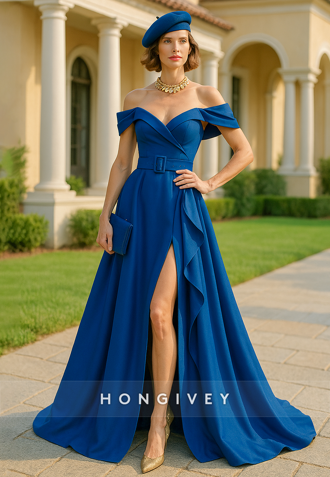 Off the Shoulder A-Line High Slit Floor-Length Mother of the Bride Dress with Waistband