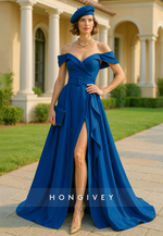 Off the Shoulder A-Line High Slit Floor-Length Mother of the Bride Dress with Waistband