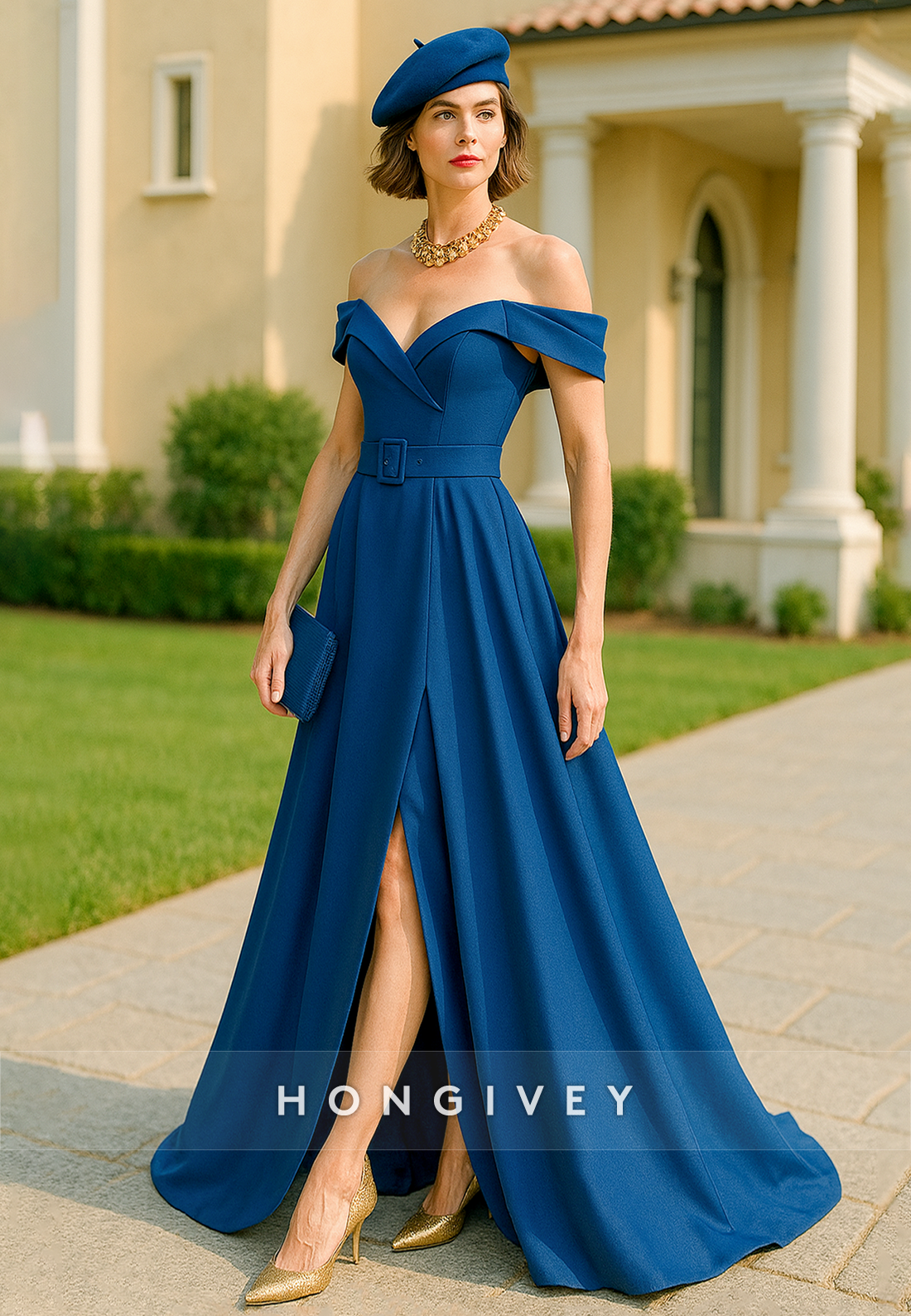 Off the Shoulder A-Line High Slit Floor-Length Mother of the Bride Dress with Waistband