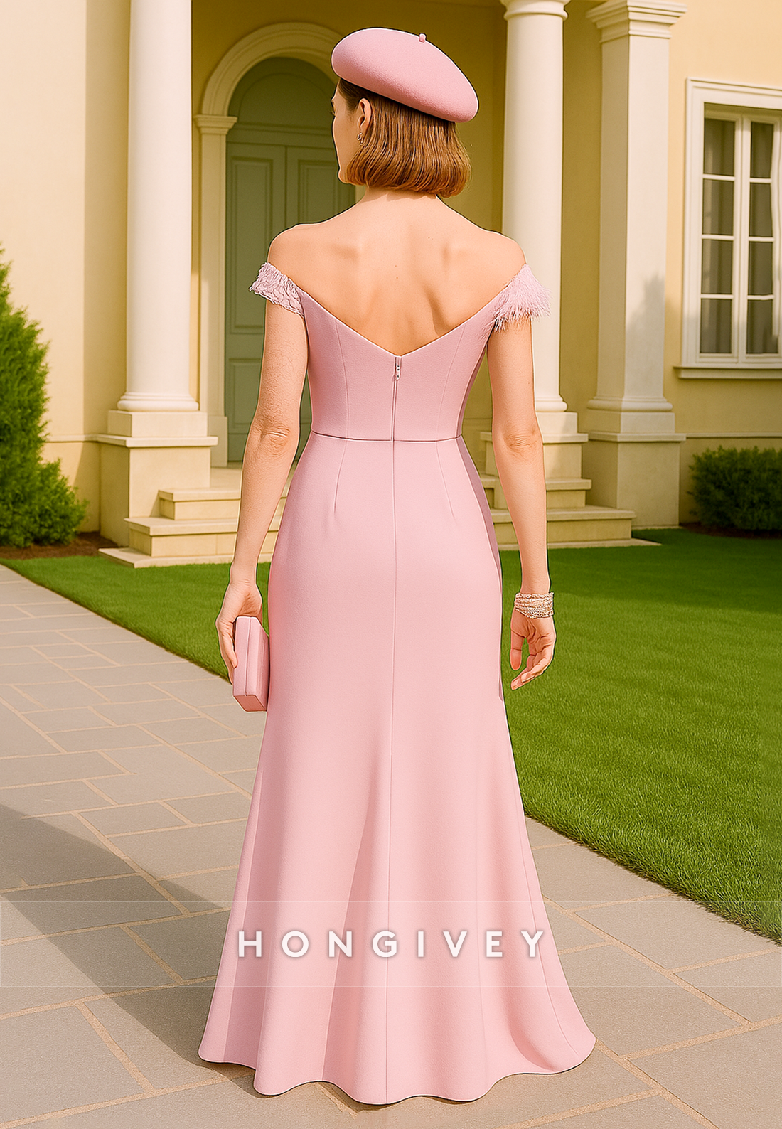 Off the Shoulder Floor-Length Trumpet Mother of the Bride Dresses with Feather