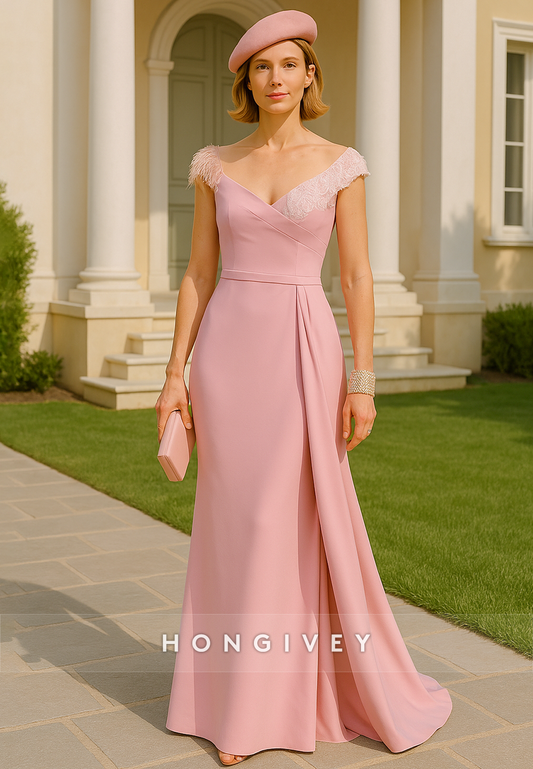 Off the Shoulder Floor-Length Trumpet Mother of the Bride Dresses with Feather