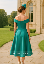 Off the Shoulder Flower A-Line Green Pleated Tea-Length Mother of the Bride Dress