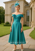 Off the Shoulder Flower A-Line Green Pleated Tea-Length Mother of the Bride Dress