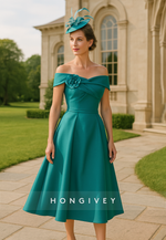 Off the Shoulder Flower A-Line Green Pleated Tea-Length Mother of the Bride Dress