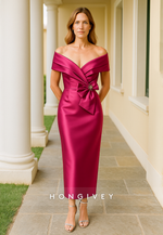 Elegant Off the Shoulder Pleated Tea-Length Mother of the Bride Dress with Bowknot