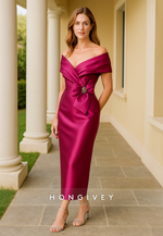 Elegant Off the Shoulder Pleated Tea-Length Mother of the Bride Dress with Bowknot
