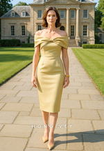 Yellow Off the Shoulder Cocktail Dresses Tea-Length Sheath Mother of the Bride Dress