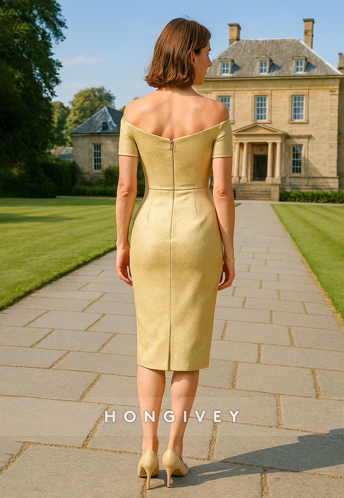 Yellow Off the Shoulder Cocktail Dresses Tea-Length Sheath Mother of the Bride Dress