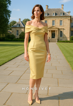 Yellow Off the Shoulder Cocktail Dresses Tea-Length Sheath Mother of the Bride Dress