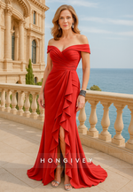 Red Off the Shoulder Side Slit Ruched Floor-Length Trumpet Mother of the Bride Dress