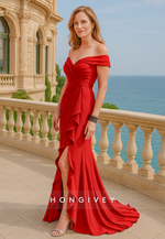Red Off the Shoulder Side Slit Ruched Floor-Length Trumpet Mother of the Bride Dress