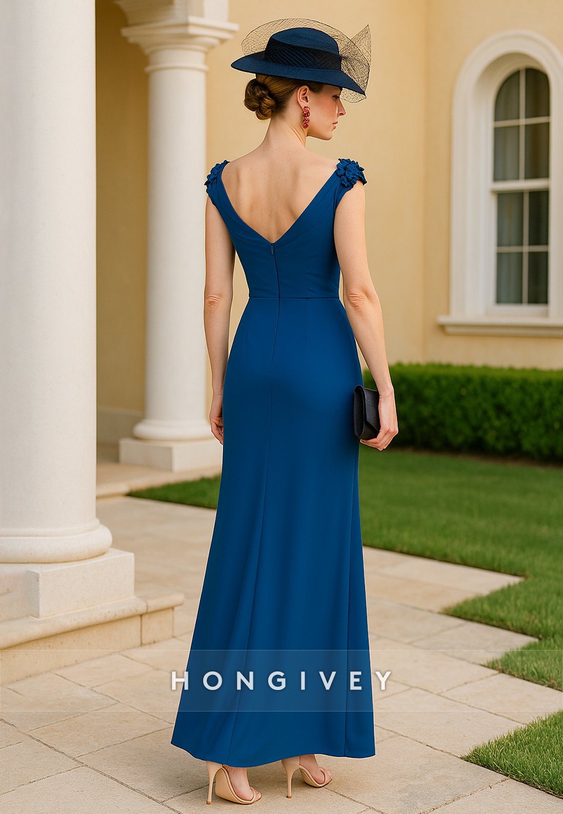 Cap Sleeves Ankle-Length V Back Shoulder Flower Mother of the Bride Dress with Ruffles