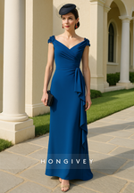 Cap Sleeves Ankle-Length V Back Shoulder Flower Mother of the Bride Dress with Ruffles