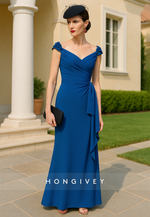 Cap Sleeves Ankle-Length V Back Shoulder Flower Mother of the Bride Dress with Ruffles