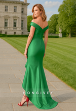 Green Side Slit Trumpet Satin V Back Pleated Mother of the Bride Dresses with Ruffles