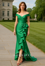 Green Side Slit Trumpet Satin V Back Pleated Mother of the Bride Dresses with Ruffles