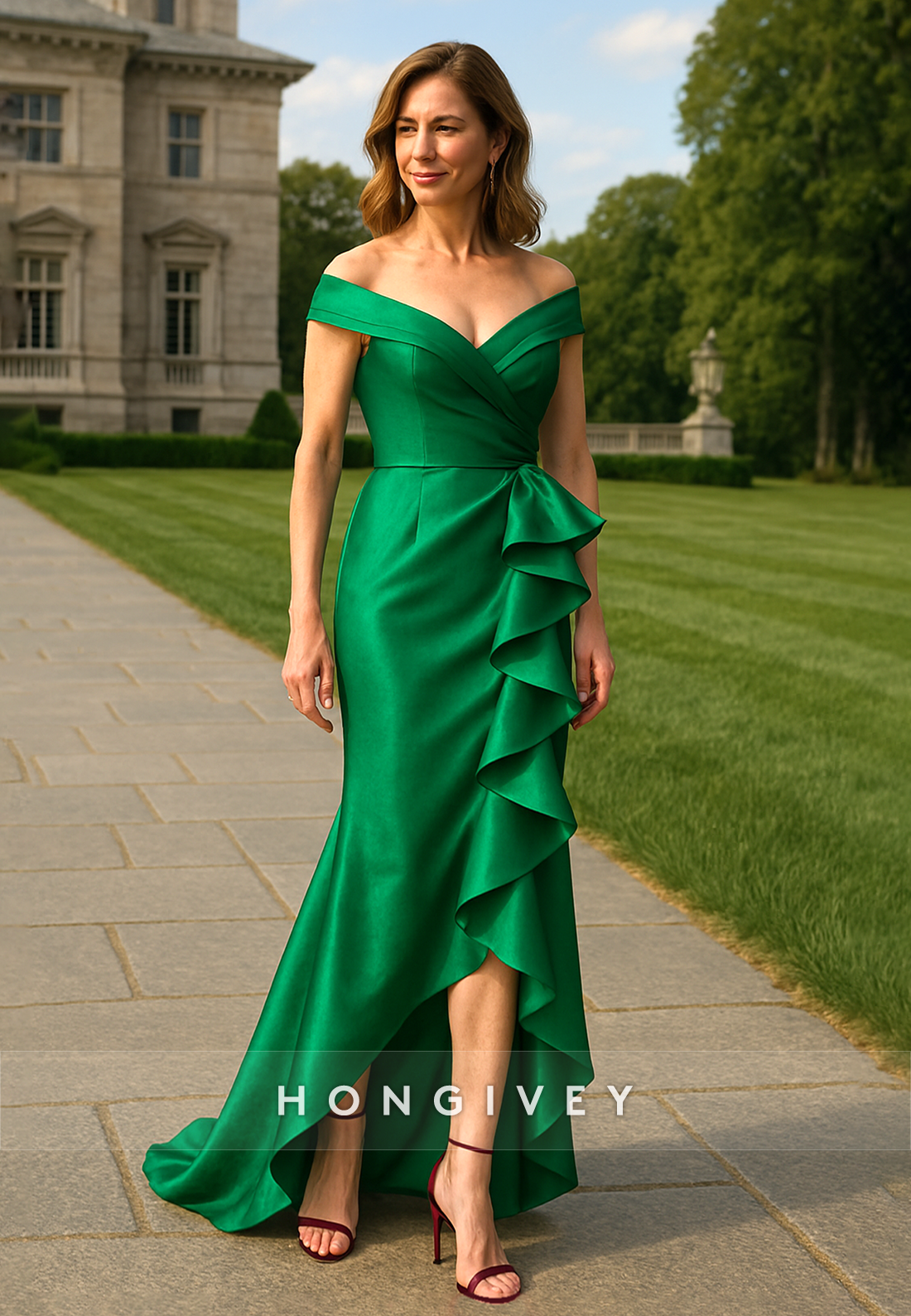 Green Side Slit Trumpet Satin V Back Pleated Mother of the Bride Dresses with Ruffles