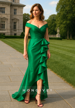 Green Side Slit Trumpet Satin V Back Pleated Mother of the Bride Dresses with Ruffles