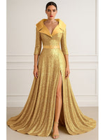 V-Neck Sequins Sparkle 3/4 Sleeve A-Line Floor-Length Evening Sleeve Side Slit