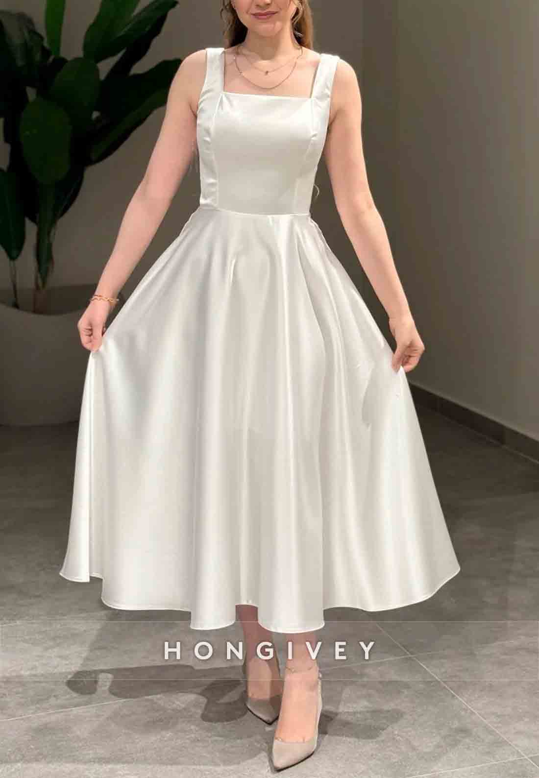 Regular Straps Tea-Length A-Line Sleeveless Crisscross Back Square Evening Gowns