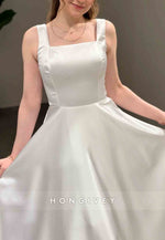 Regular Straps Tea-Length A-Line Sleeveless Crisscross Back Square Evening Gowns