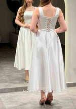 Regular Straps Tea-Length A-Line Sleeveless Crisscross Back Square Evening Gowns