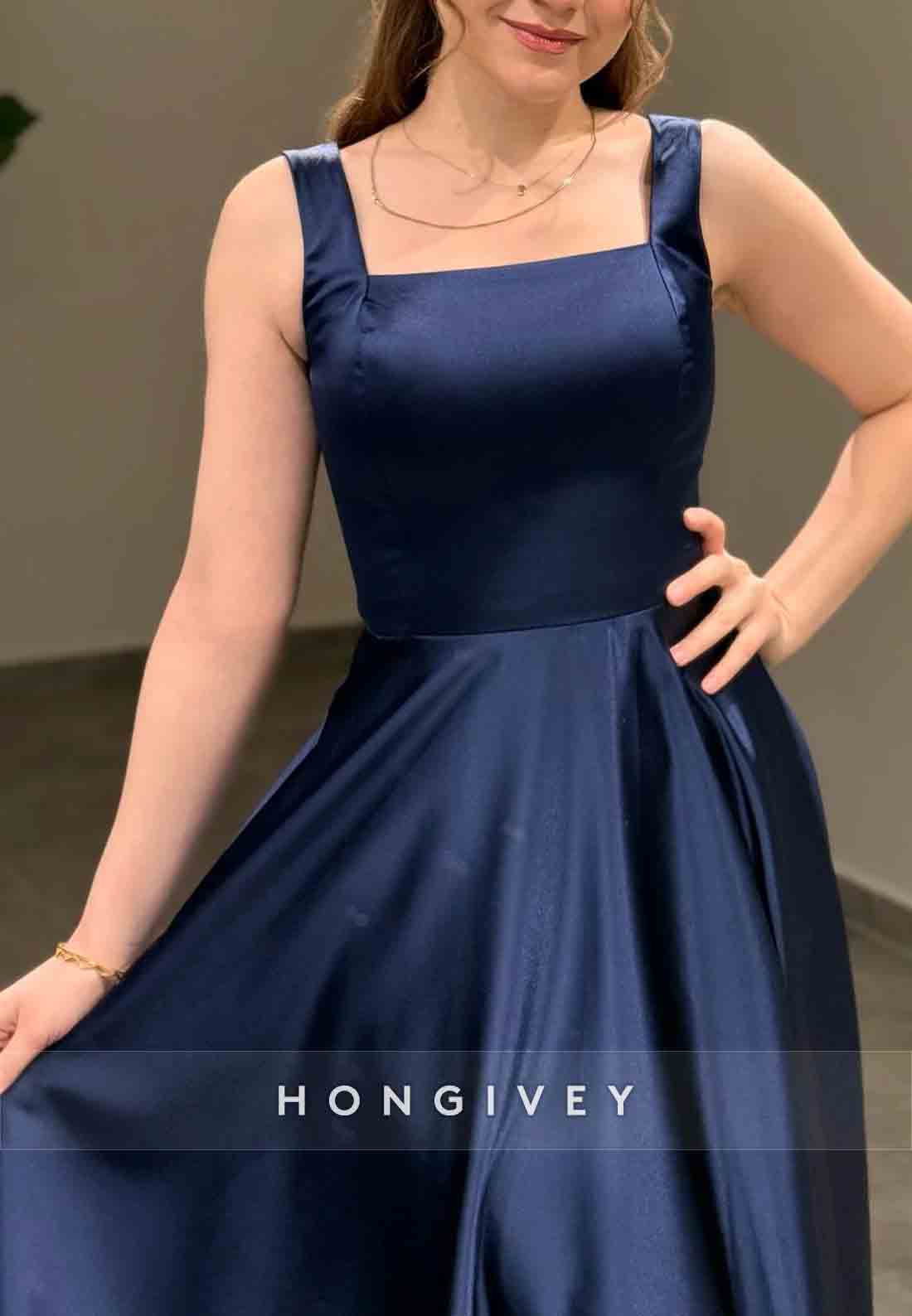 Regular Straps Tea-Length A-Line Sleeveless Crisscross Back Square Evening Gowns