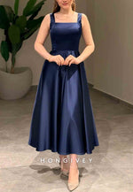 Regular Straps Tea-Length A-Line Sleeveless Crisscross Back Square Evening Gowns